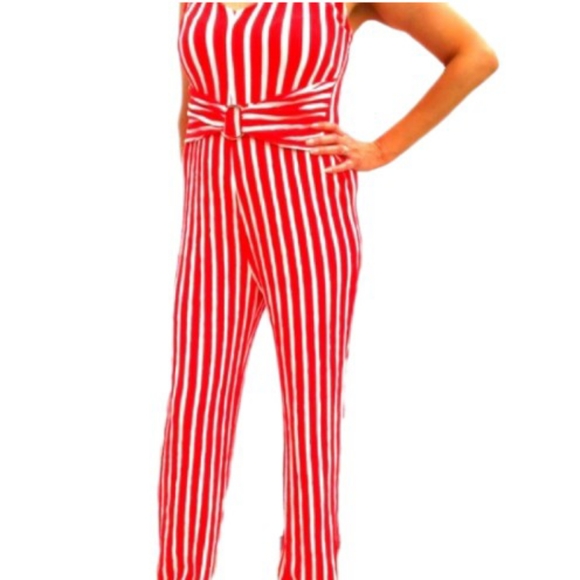 AKIRA Belted Spaghetti Strap V-Neck Jumpsuit Candy Cane Red White Size Small - Picture 7 of 8